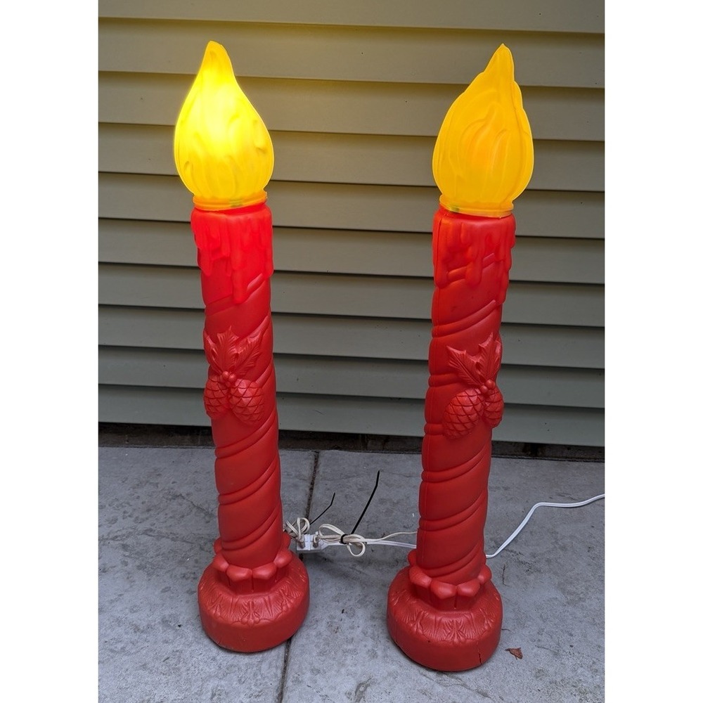 Vintage 38" Empire Poinsettia Holly Candle Christmas Blow Mold Candles Pair
